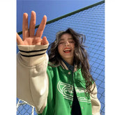 WomenLetter Embroidery Baseball Jacket Block Vintage Harajuku Spring Oversized V-Neck Streetwear Coat